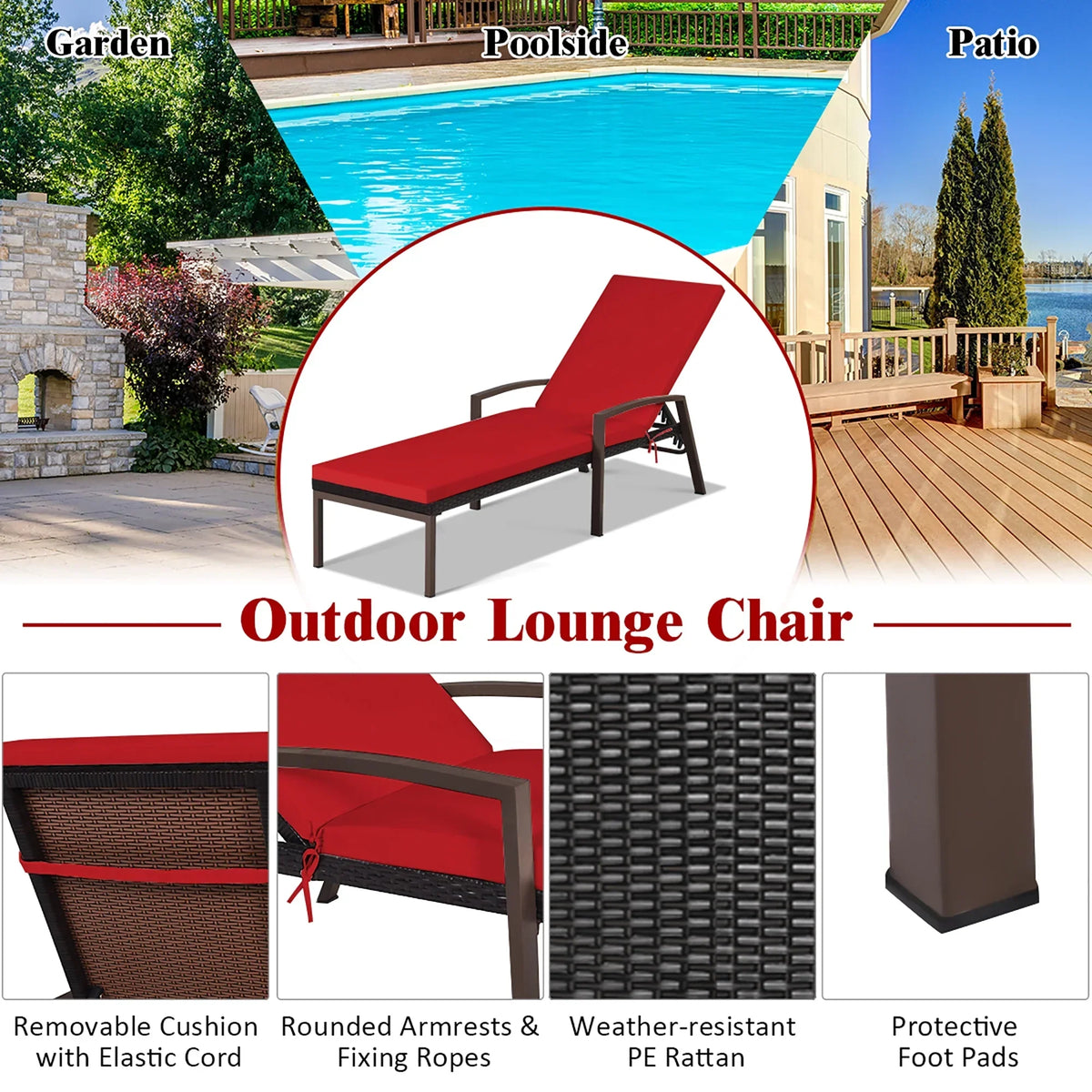 Nouveauté 2026 – Costway Lot de 2 chaises longues de patio en rotin, dossier inclinable, coussin réglable, rouge