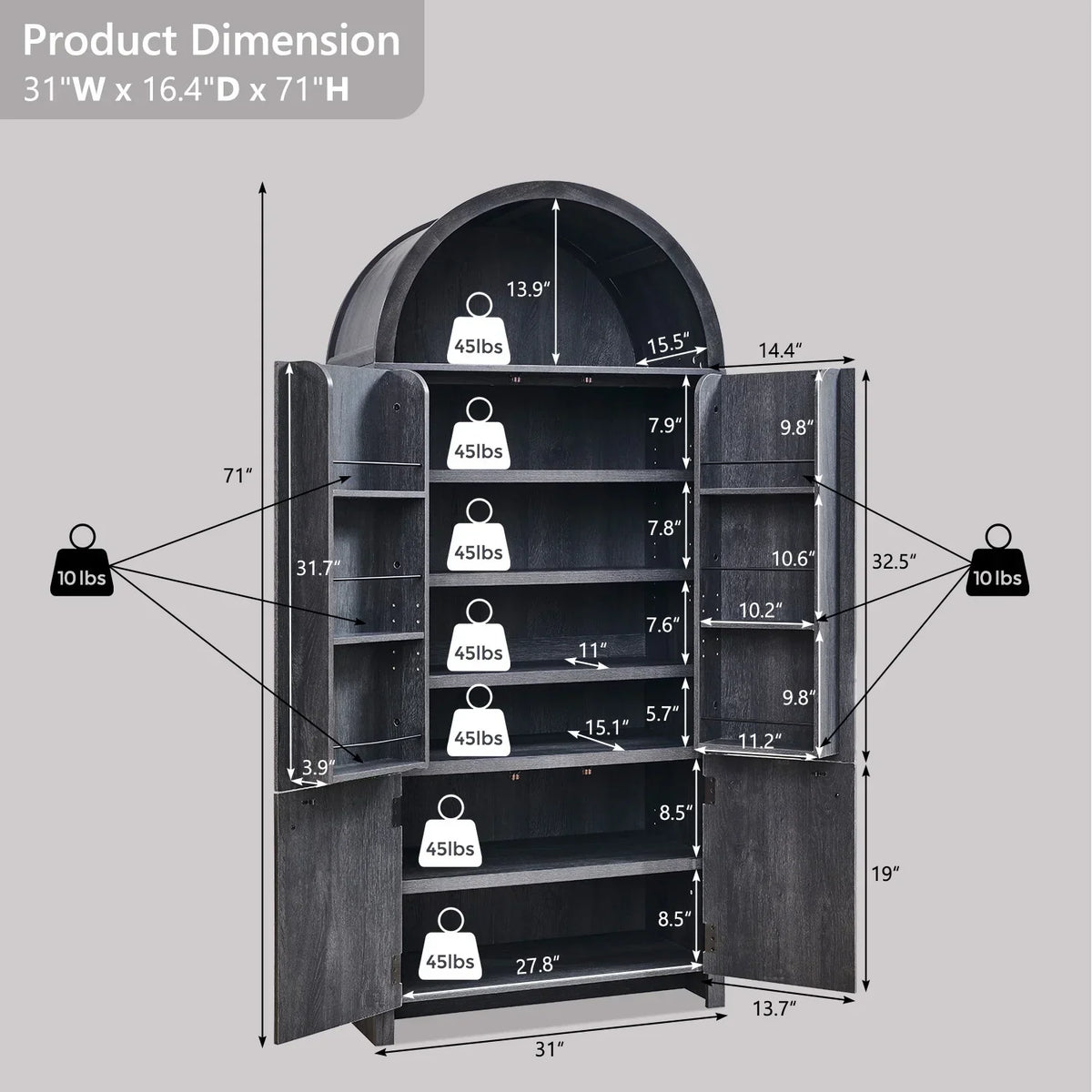 Nouveauté 2026 – Armoire de rangement de cuisine IFGET , 180 cm de haut, style arqué, avec étagères réglables, idéale pour la cuisine et la salle à manger