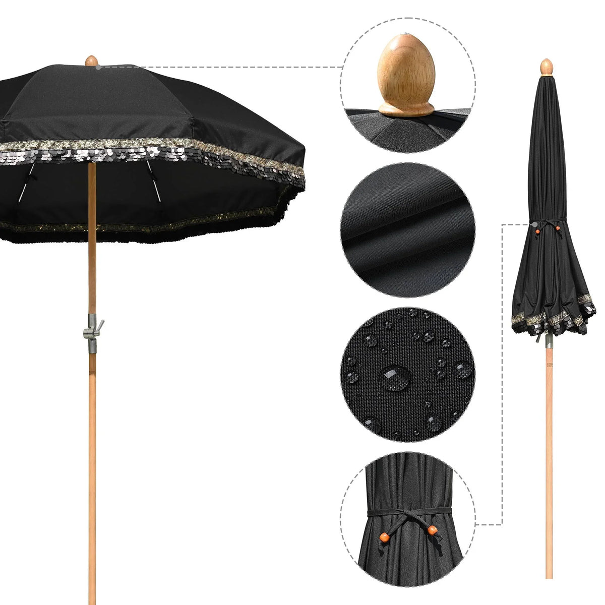 Nouveauté 2026 – Parasol de terrasse LAGarden de 1,8 m à franges et pompon, style Jazz Age, en bois, protection UPF50+, beige avec pompon doré, modèle : JZ6-01