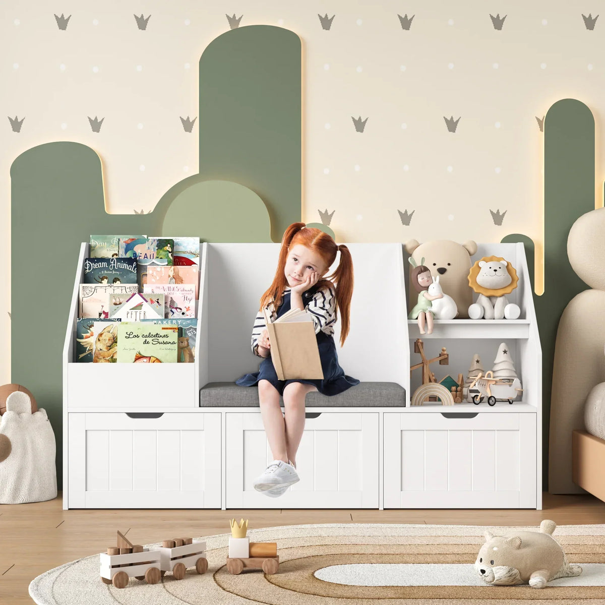 Nouveauté 2026 – Bibliothèque pour enfants Homfa avec coin lecture et 3 tiroirs amovibles, bibliothèque à 2 cubes avec étagères à livres à 4 niveaux, rangement pour jouets et jouets, idéale pour la chambre ou la salle de jeux, blanche
