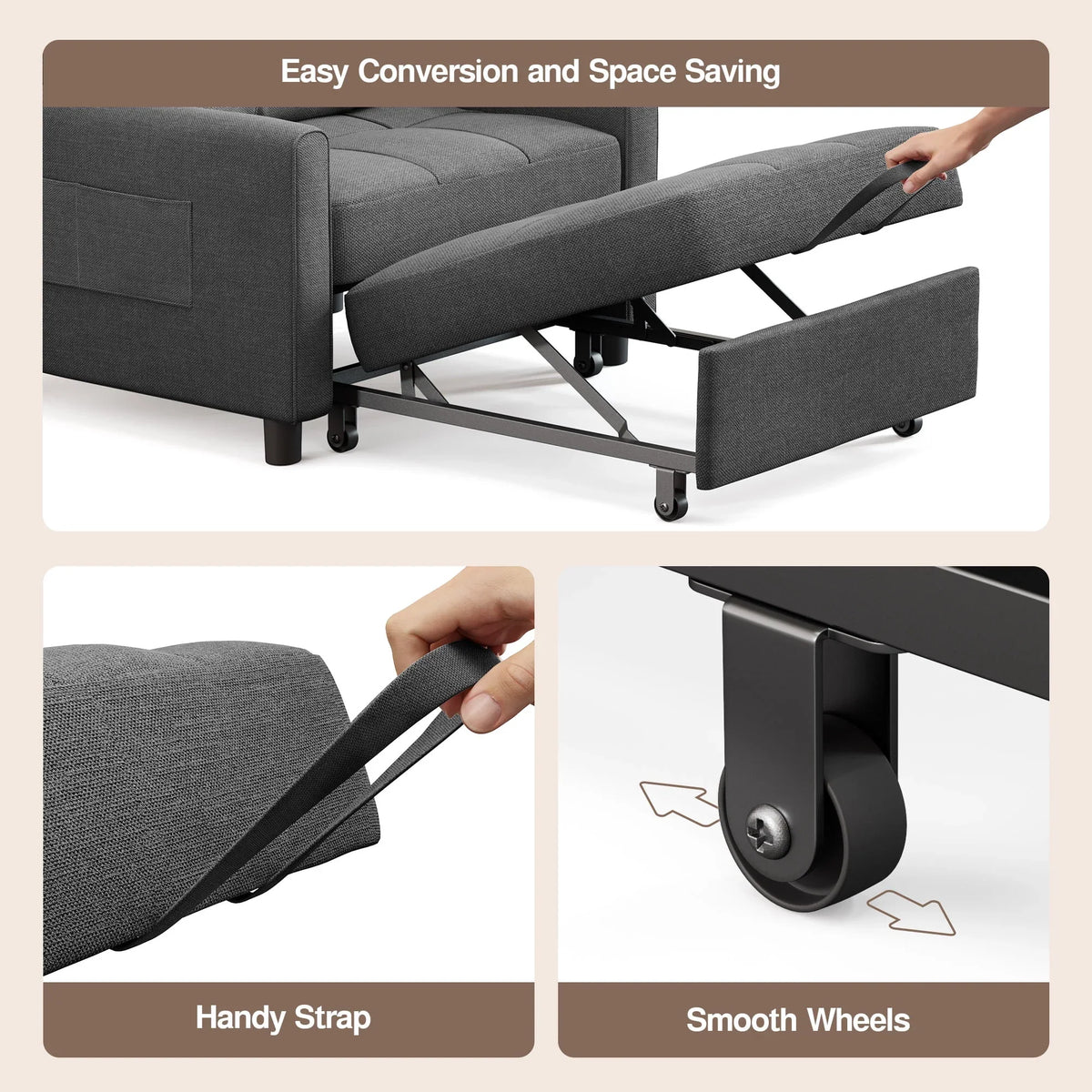 Nouveauté 2026 – Canapé-lit convertible 3 en 1 Lofka avec rangement, dossier réglable et fonction gigogne - Fauteuil-lit idéal pour les petits espaces et les appartements, gris foncé