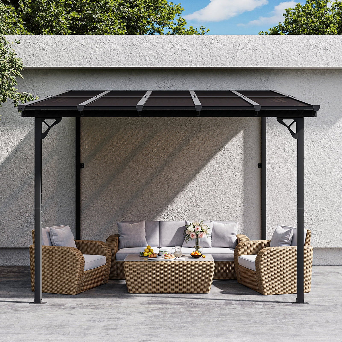Nouveauté 2026 – Gazebo Aoxun de 2,4 m x 1,5 m pour patio, pergola avec toit incliné, grand auvent mural robuste pour barbecue, idéal pour jardin, terrasse ou patio