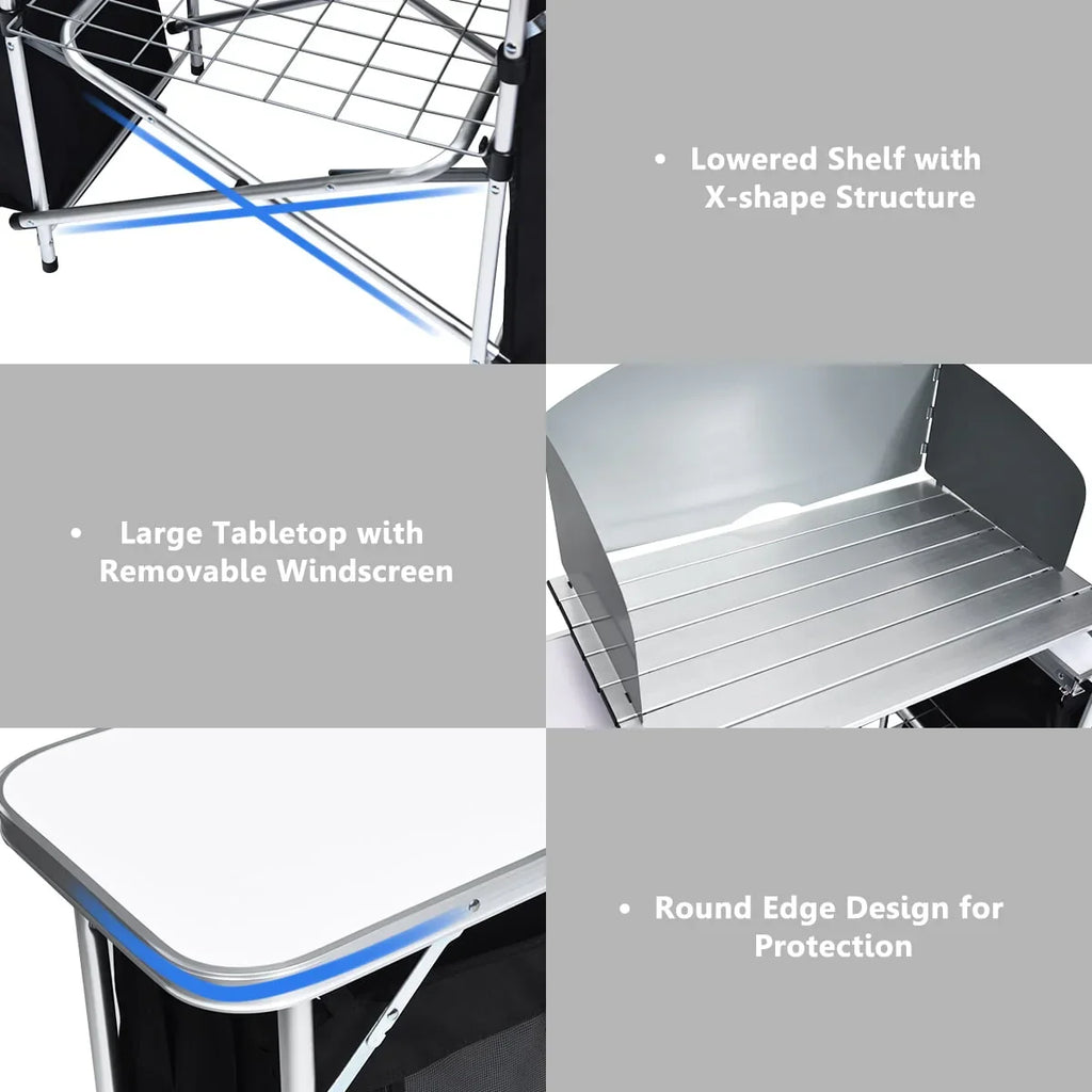 Nouveauté 2026 – Table de barbecue pliante et portable en aluminium Goplus avec rangement et pare-vent, noire