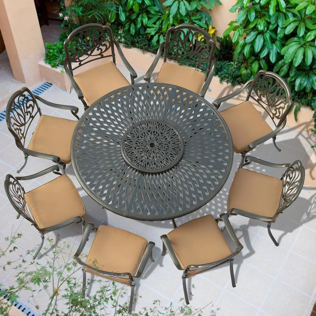 Nouveauté 2026 – Table de salle à manger d'extérieur VIVIJASON , 155 cm (61 po), pour 6 à 8 personnes, grande table ronde avec plateau tournant de 61 cm (24 po), en aluminium moulé bronze foncé au style rustique, avec trou pour parasol, idéale pour b