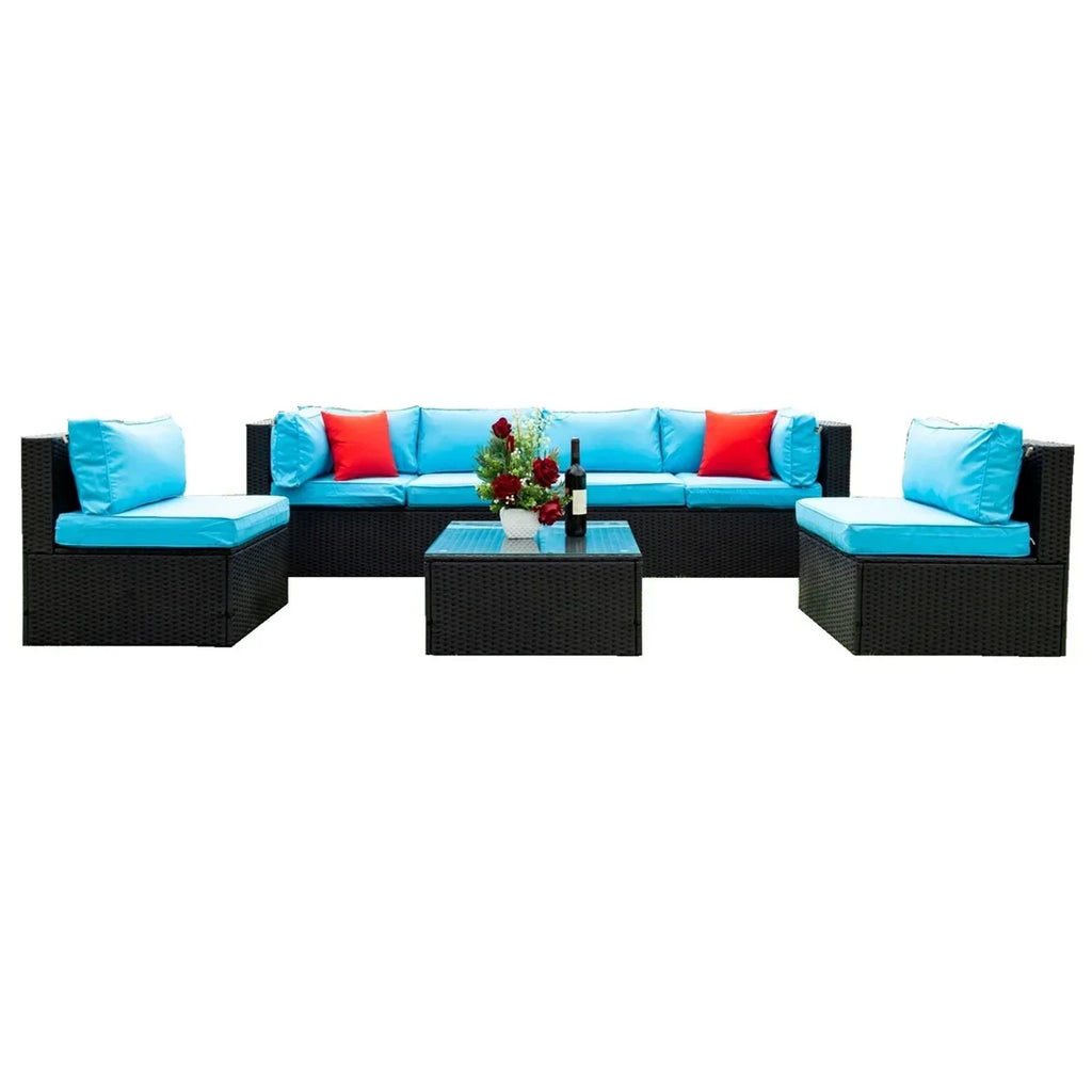 Nouveauté 2026 – Ensemble de mobilier de patio 7 pièces , canapé d'angle en rotin PE, ensemble de conversation avec coussins et table basse en verre, pour balcon, pelouse et jardin, gris
