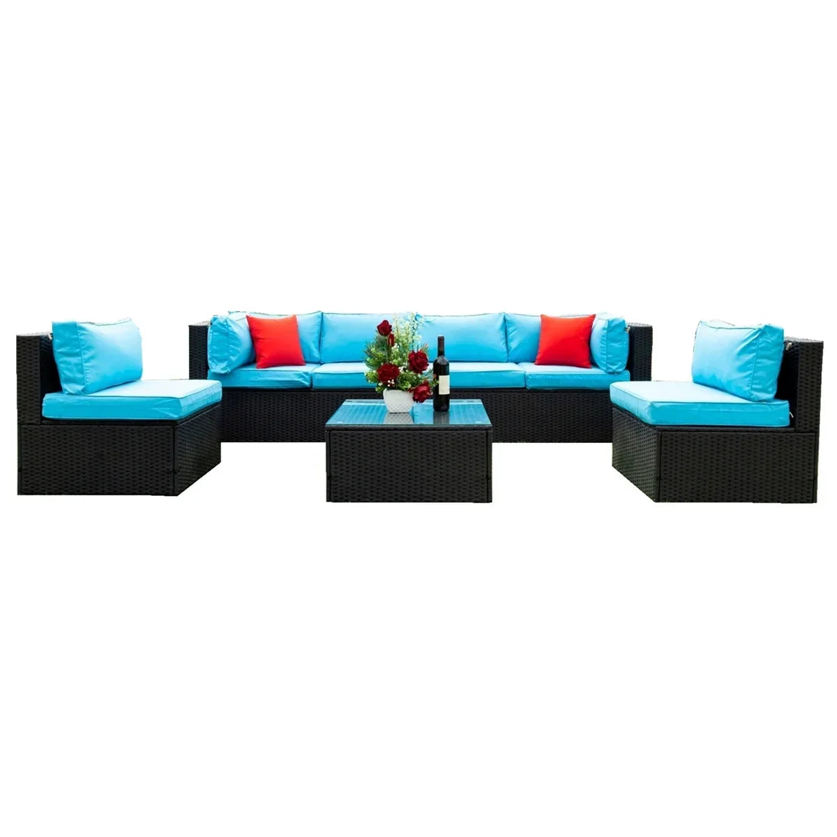 Nouveauté 2026 – Ensemble de mobilier de patio 7 pièces , canapé d'angle en rotin PE, ensemble de conversation avec coussins et table basse en verre, pour balcon, pelouse et jardin, gris
