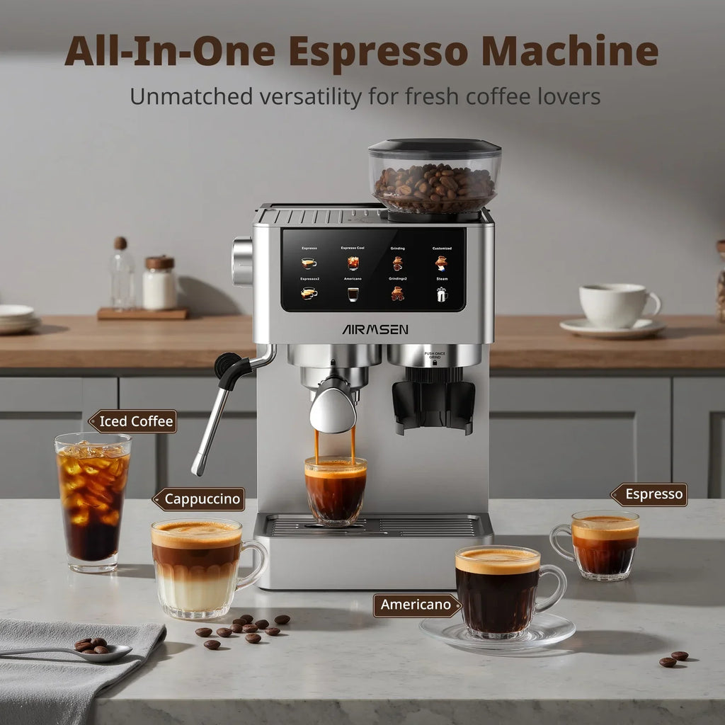 Nouveauté 2026 – Machine à expresso AIRMSEN avec broyeur intégré, permettant de personnaliser la mouture et le volume de café, idéale pour le cappuccino, le latte et l'americano. Finition en acier inoxydable brossé