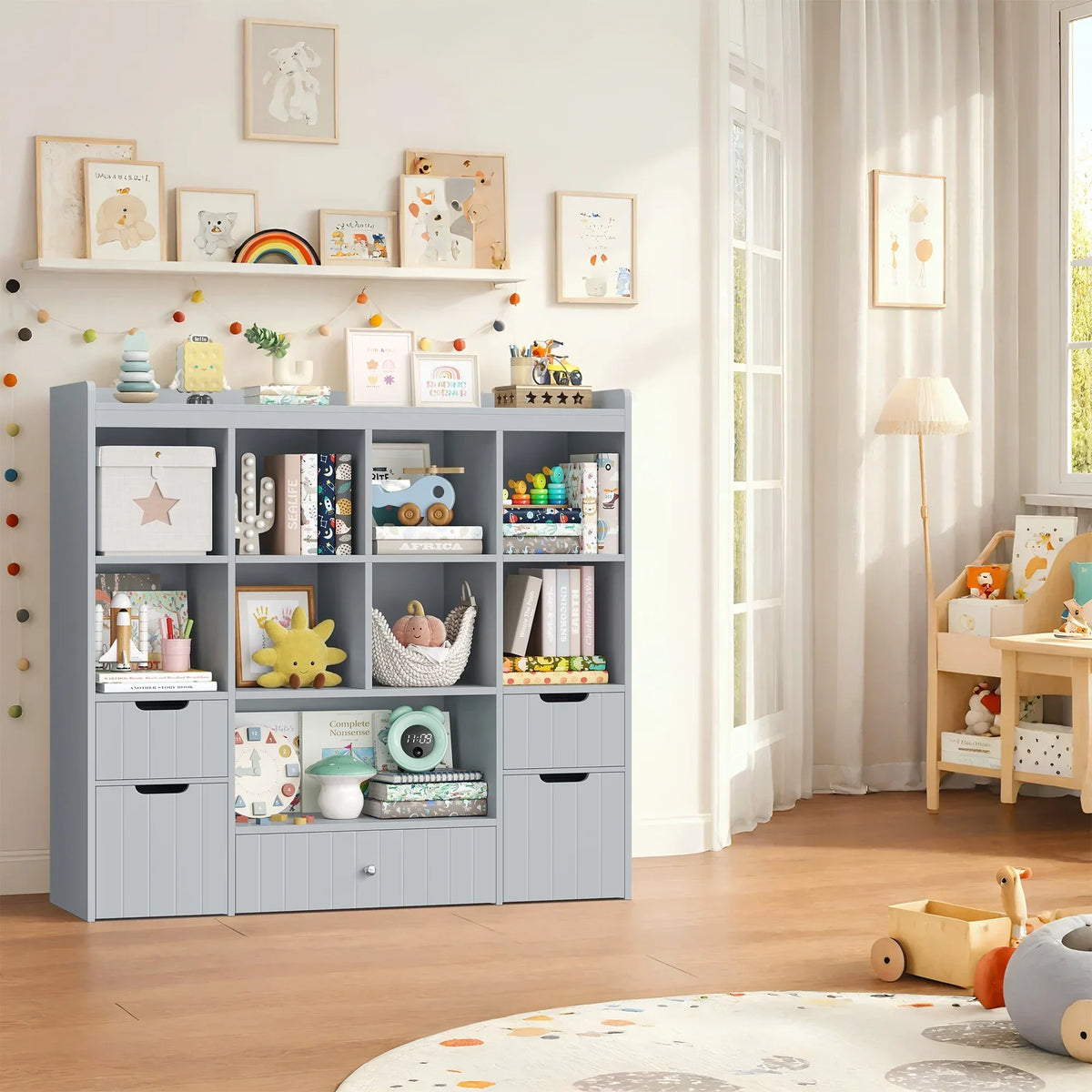 Nouveauté 2026 – Coffre de rangement pour jouets Homfa avec compartiments, tiroirs amovibles, bibliothèque pour chambre ou salon, gris