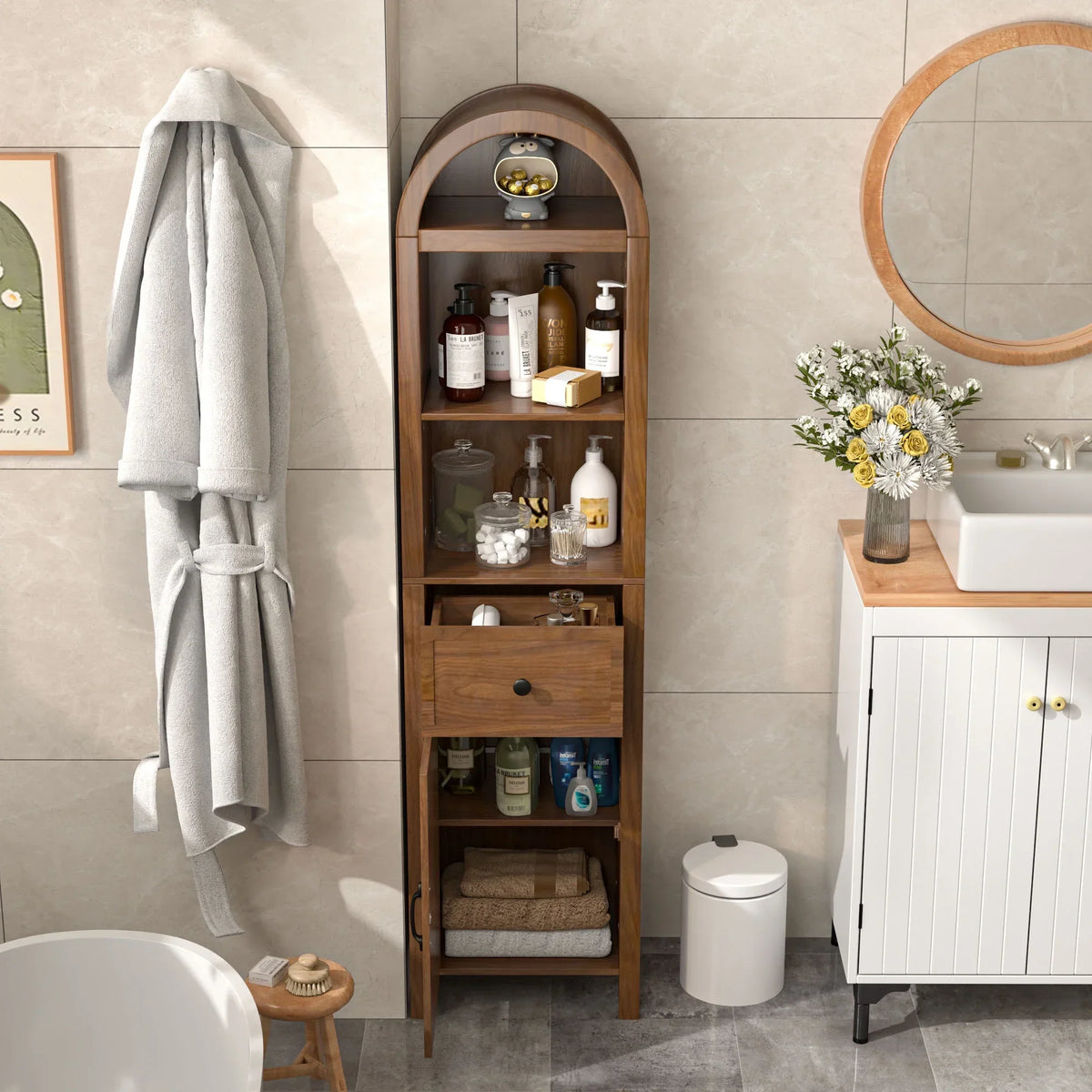 Nouveauté 2026 – Armoires de rangement hautes pour salle de bain Fiogmub avec portes et étagères, armoire à linge haute et étroite avec tiroir