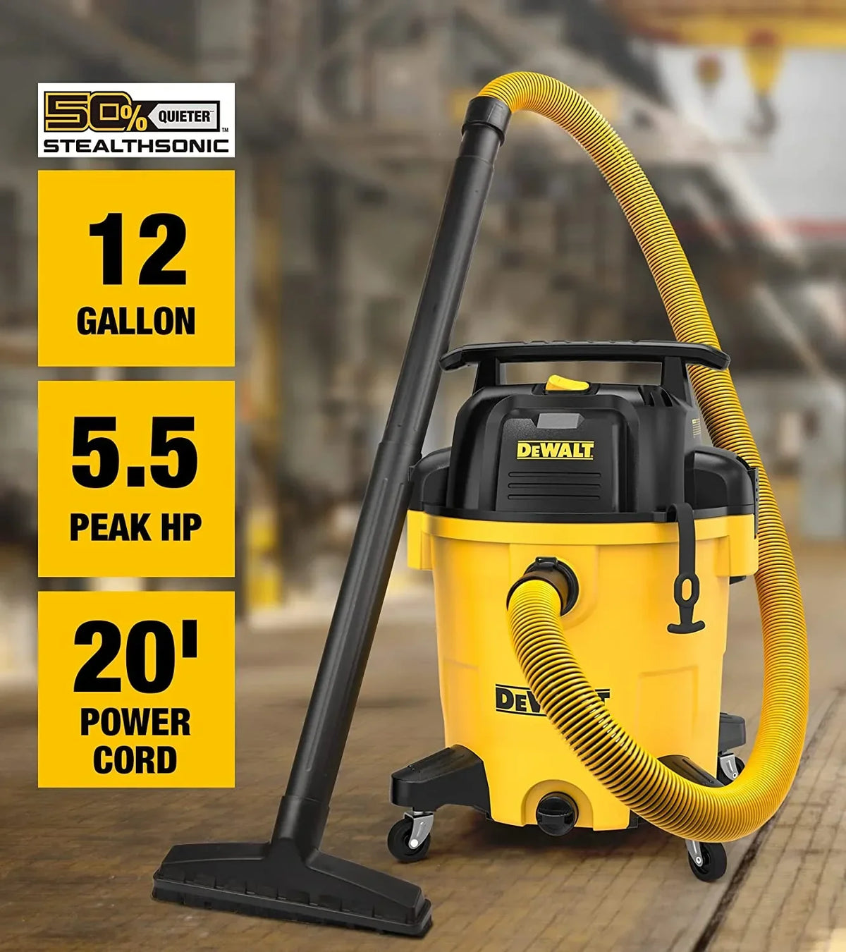 Nouveauté 2026 – Aspirateur eau et poussière DEWALT STEALTHSONIC Ultra Quiet Poly 12 gallons (45 litres), DXV12P-QTA, dernier modèle à réduction de bruit, 5,5 CV (puissance maximale), pour chantier/atelier, réduit le bruit du moteur, jaune