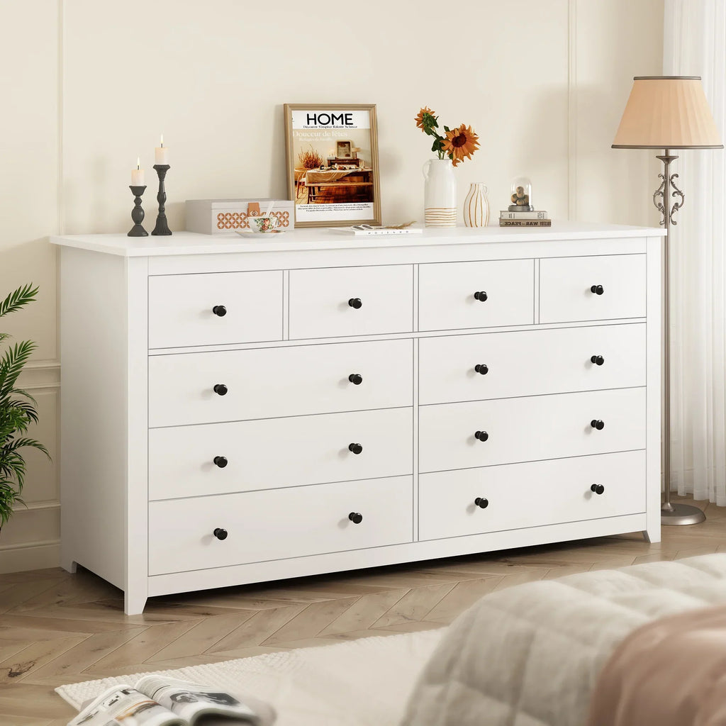 Nouveauté 2026 – Commode blanche EnHomee pour chambre à coucher, 10 tiroirs, commode moderne en bois, commode large pour adultes