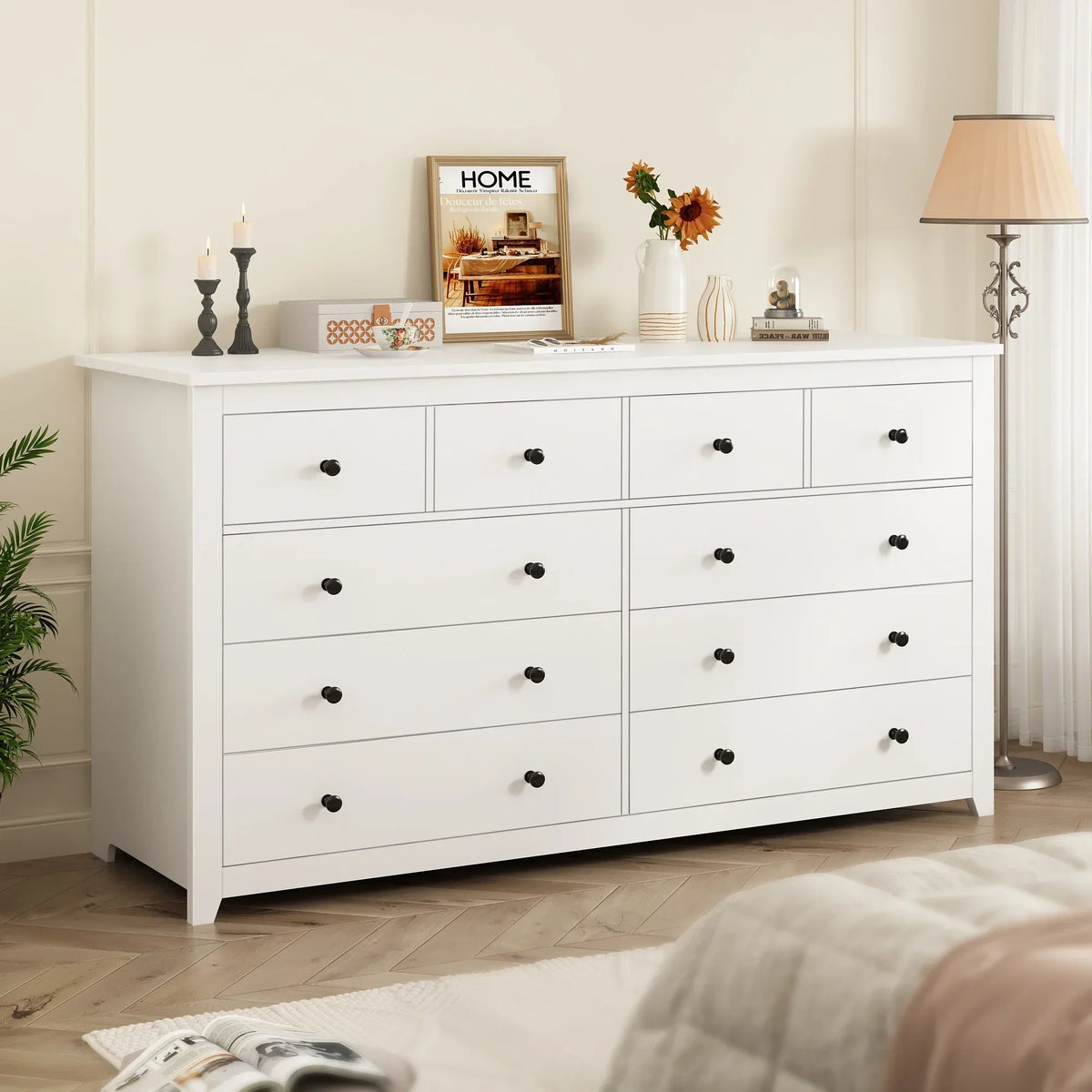 Nouveauté 2026 – Commode blanche EnHomee pour chambre à coucher, 10 tiroirs, commode moderne en bois, commode large pour adultes