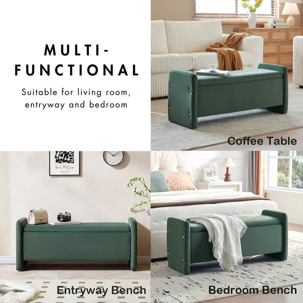 Nouveauté 2026 – Banc coffre Pinmoco de 112 cm (44 po), banc d'entrée rembourré avec rangement, idéal pour la chambre et le salon, en velours côtelé gris