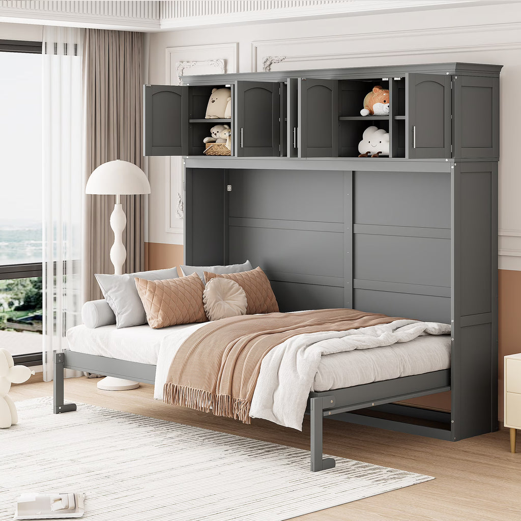 Nouveauté 2026 – Lit escamotable mural Queen Size avec rangements supérieurs, gris