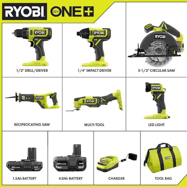 Nouveauté 2026 – Kit combiné sans fil ONE+ 18 V comprenant 6 outils, une batterie de 1,5 Ah, une batterie de 4,0 Ah et un chargeur