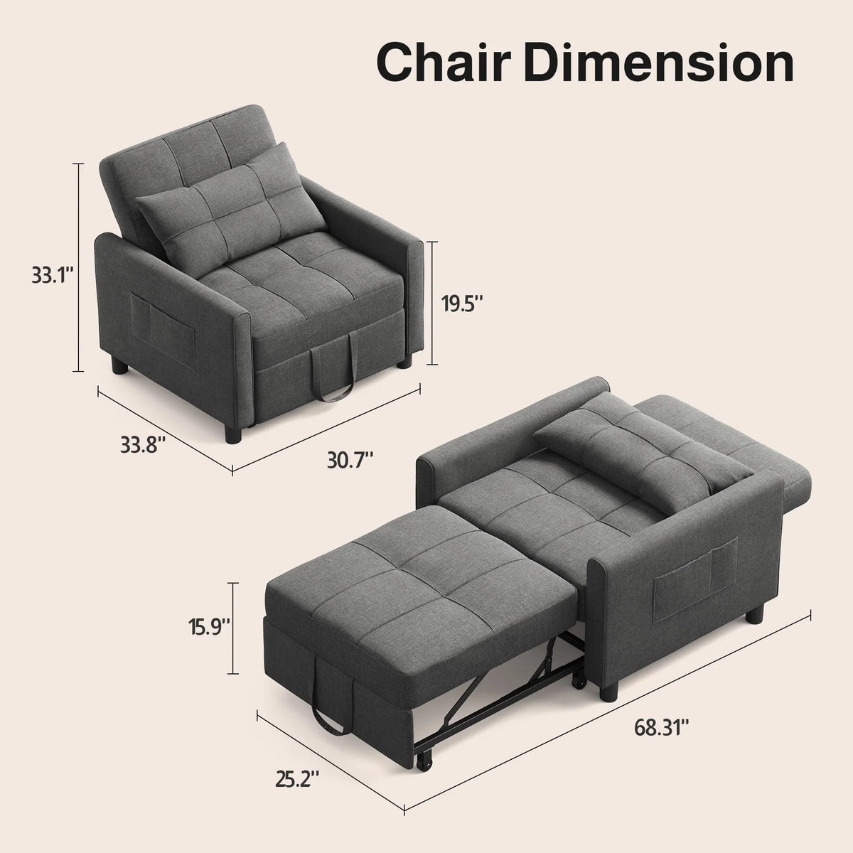Nouveauté 2026 – Canapé-lit convertible 3 en 1 Lofka avec rangement, dossier réglable et fonction gigogne - Fauteuil-lit idéal pour les petits espaces et les appartements, gris foncé