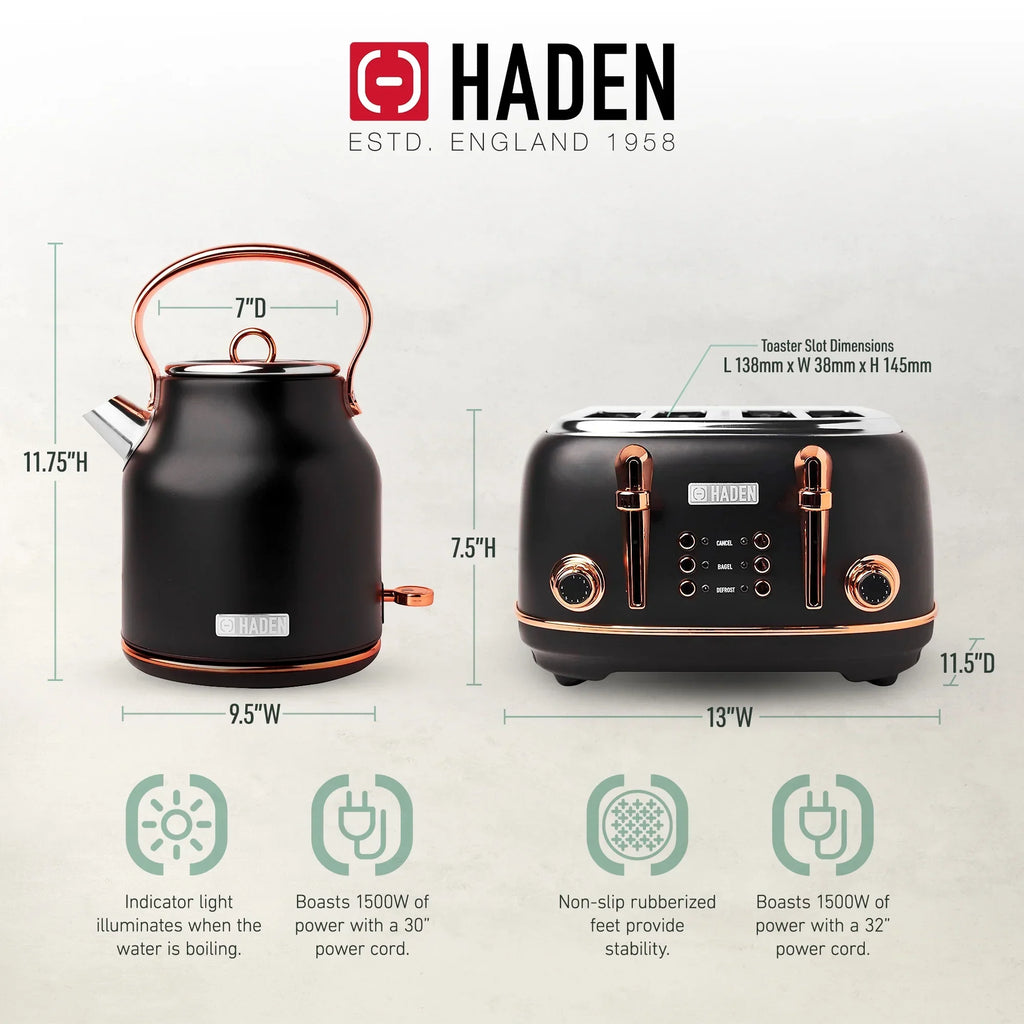Nouveauté 2026 – Bouilloire électrique Haden Heritage 1500 1,7 W , finition noir mat avec accents cuivrés