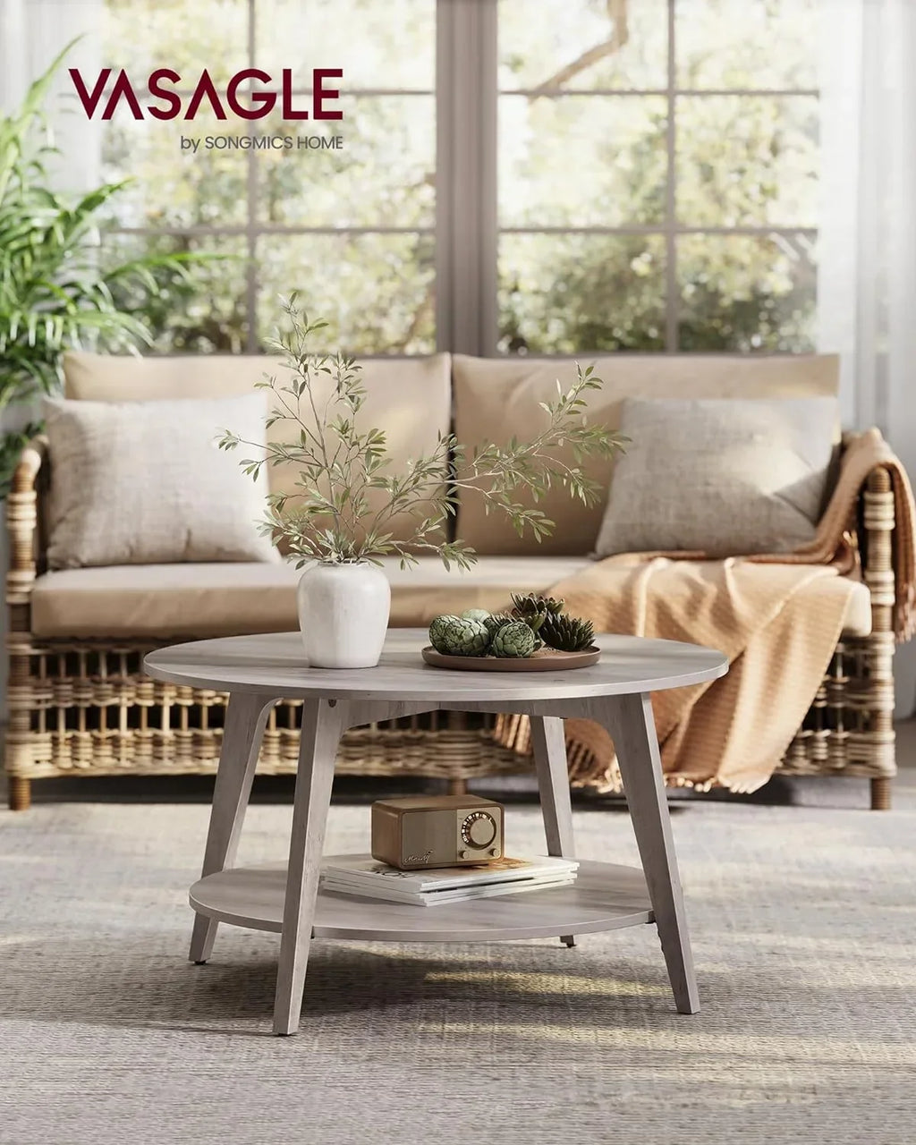 Nouveauté 2026 – Table basse ronde VASAGLE , table basse à 2 niveaux avec rangement, pour salon, 80 x 45 cm, facile à monter, couleur miel
