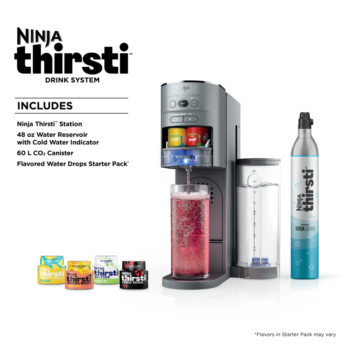 Nouveauté 2026 – Machine à boissons Ninja Thirsti , kit de boissons personnalisées plates et gazeuses, avec cartouche de CO2, arômes et réservoir de 1,4 litre
