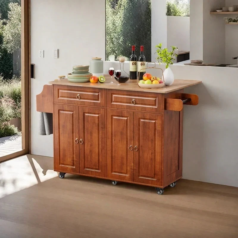 Nouveauté 2026 – Îlot de cuisine Lofka 52 pouces (132 cm) avec rangement sur roulettes et abattant en bois, idéal pour les petites cuisines