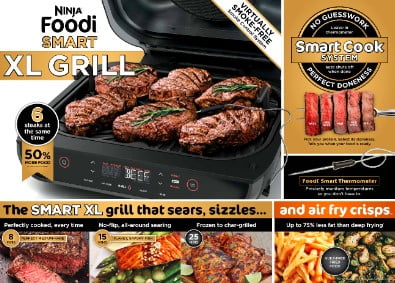Nouveauté 2026 – Gril d'intérieur Foodi Smart XL 4 en 1 avec friteuse à air de 4 litres, rôtissage, cuisson au four et système de cuisson intelligent, FG550
