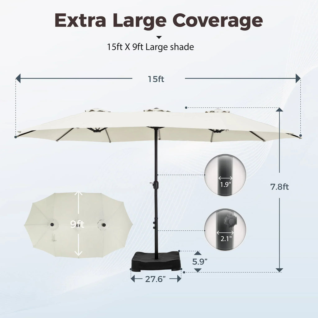 Nouveauté 2026 – Parasol de jardin extra-large Alpha Joy 4,57 m (15 pi) à double face avec manivelle et base - Gris fumé