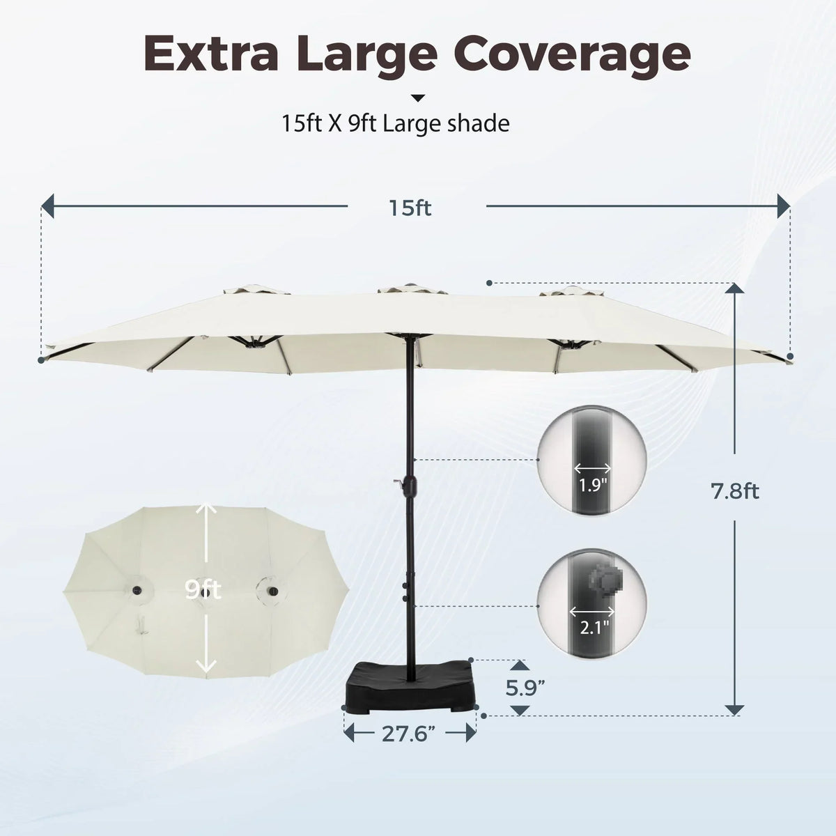 Nouveauté 2026 – Parasol de jardin extra-large Alpha Joy 4,57 m (15 pi) à double face avec manivelle et base - Gris fumé