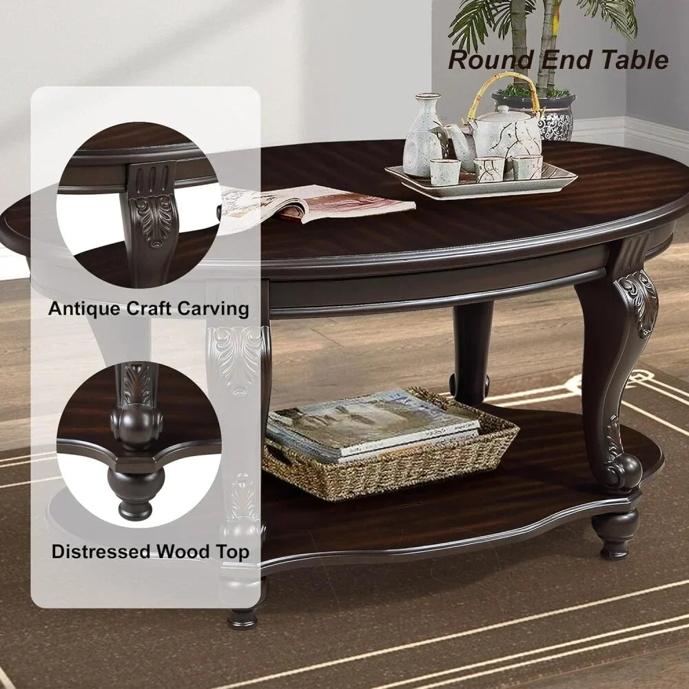 Nouveauté 2026 – Table basse ovale 42" avec étagère de rangement, table basse à deux niveaux en bois massif, style rétro traditionnel pour salon, supporte jusqu'à 181 kg, couleur cerisier