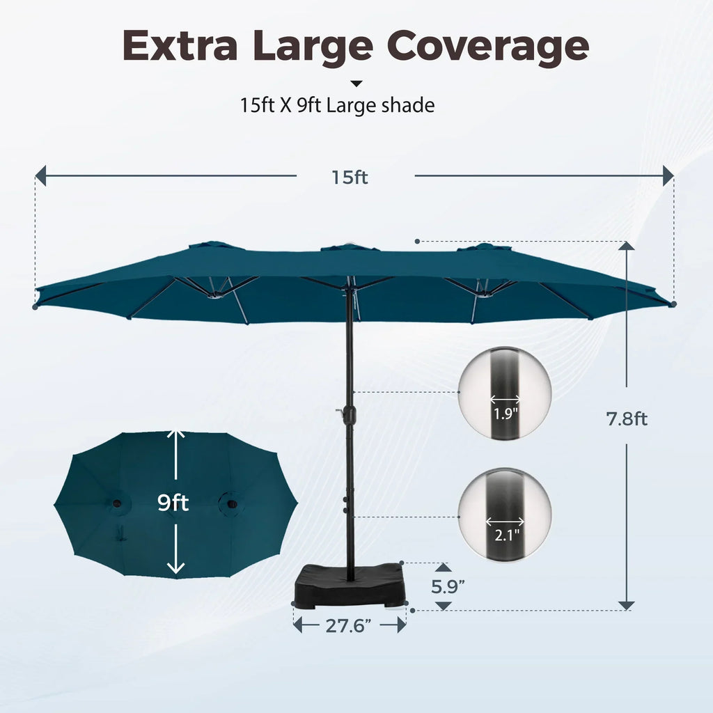 Nouveauté 2026 – Parasol de jardin extra-large Alpha Joy 4,57 m (15 pi) à double face avec manivelle et base - Gris fumé