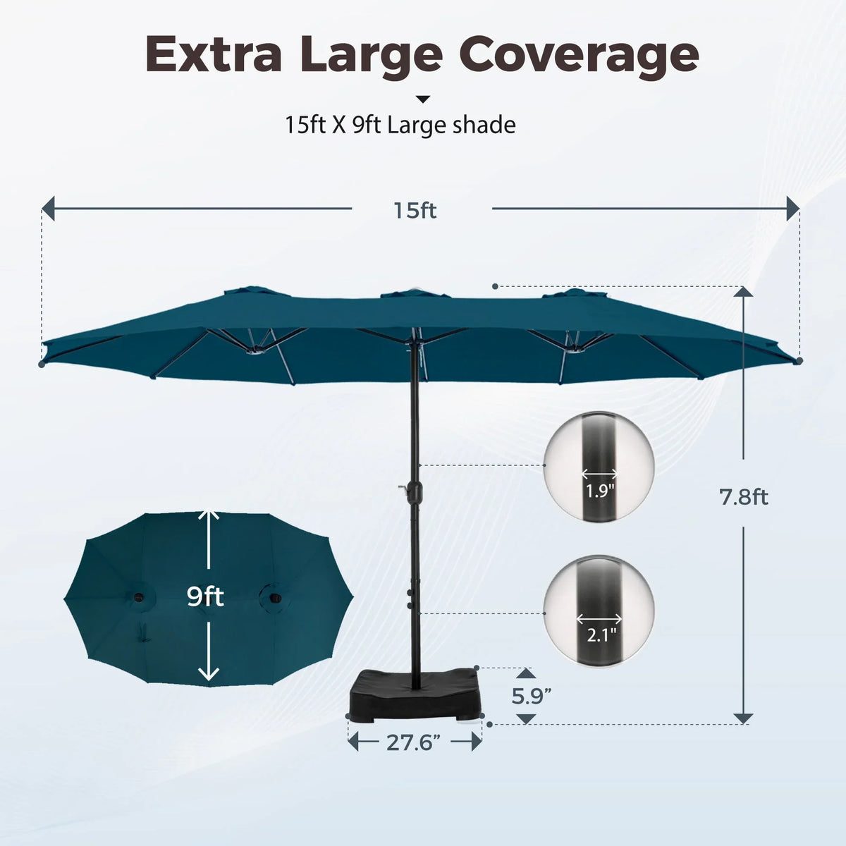 Nouveauté 2026 – Parasol de jardin extra-large Alpha Joy 4,57 m (15 pi) à double face avec manivelle et base - Gris fumé