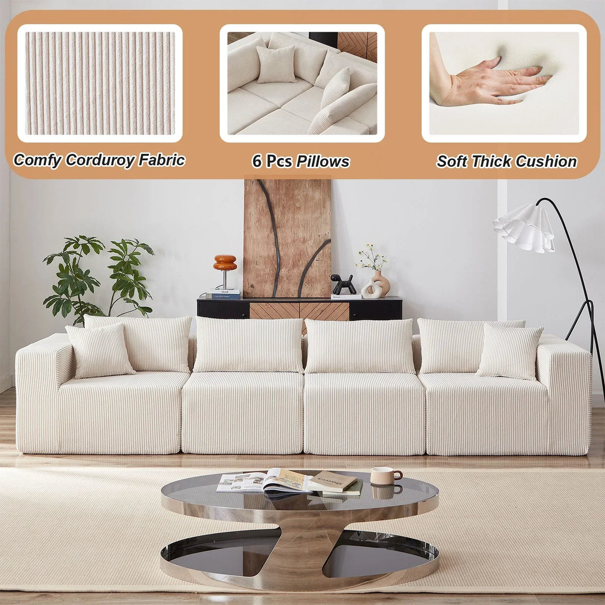 Nouveauté 2026 – Canapé d'angle modulaire en velours côtelé de 264 cm (104 pouces), ensemble de canapés de sol de luxe, mobilier d'intérieur rembourré, canapé compressé en mousse pour salon et chambre, combinaison libre de 4 pièces