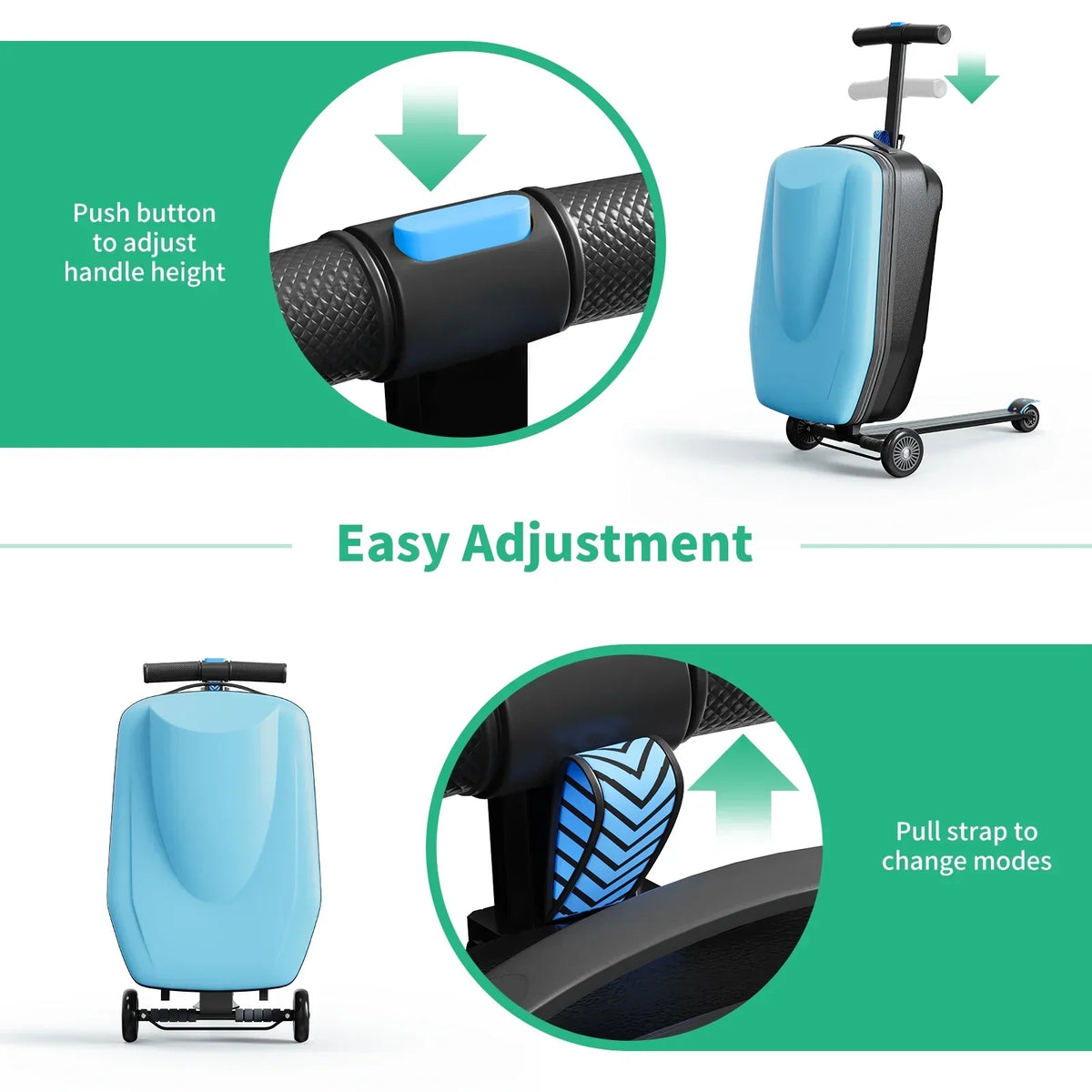 Nouveauté 2026 – Muhub - Valise-trottinette 2 en 1 pour enfants et adultes, pliable et à roulettes, bleu clair