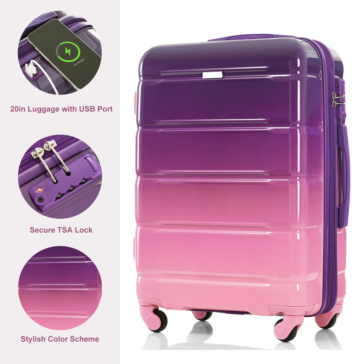 Nouveauté 2026 – Ensemble de 3 valises PAPROOS (51/61/71 cm), valise rigide légère avec port USB et crochets latéraux, bagage de voyage avec serrure TSA, valise à roulettes rigide pour l'école et les voyages, rose