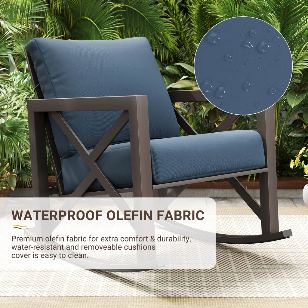 Nouveauté 2026 – Ensemble bistro MRUAKA , 3 pièces, comprenant 2 fauteuils à bascule et 1 table basse en métal avec coussins épais, idéal pour véranda, jardin ou bord de piscine, couleur beige