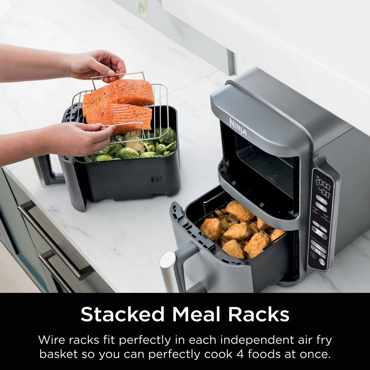 Nouveauté 2026 – Friteuse à air Ninja DoubleStack XL à 2 paniers, technologie DoubleStack permettant de cuire 4 aliments simultanément, conception compacte, 10 pintes, 4 en 1, Smart Finish & Match Cook, SL400