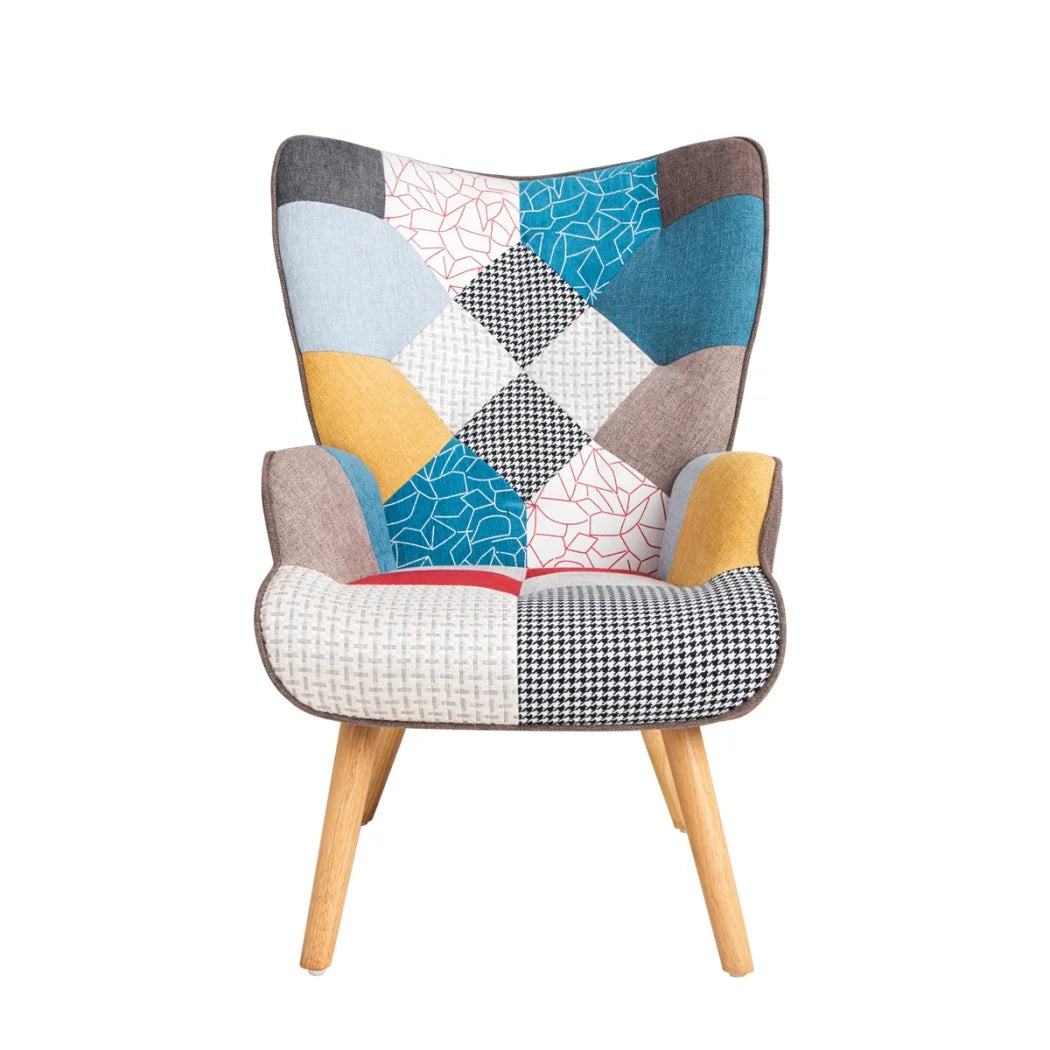 Nouveauté 2026 – Fauteuil d'appoint moderne avec pieds en bois massif et dossier haut à oreilles, ensemble de fauteuil avec repose-pieds, fauteuil confortable pour salon, salle de lecture, chambre, patchwork coloré