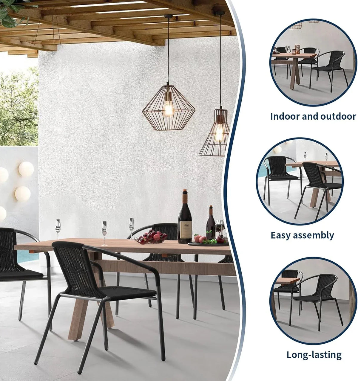 Nouveauté 2026 – Ensemble de 6 chaises de jardin ELPOSUN , chaises de patio en osier avec structure en métal, chaises empilables en rotin pour bistro, terrasse, jardin, porche, restaurant (noir