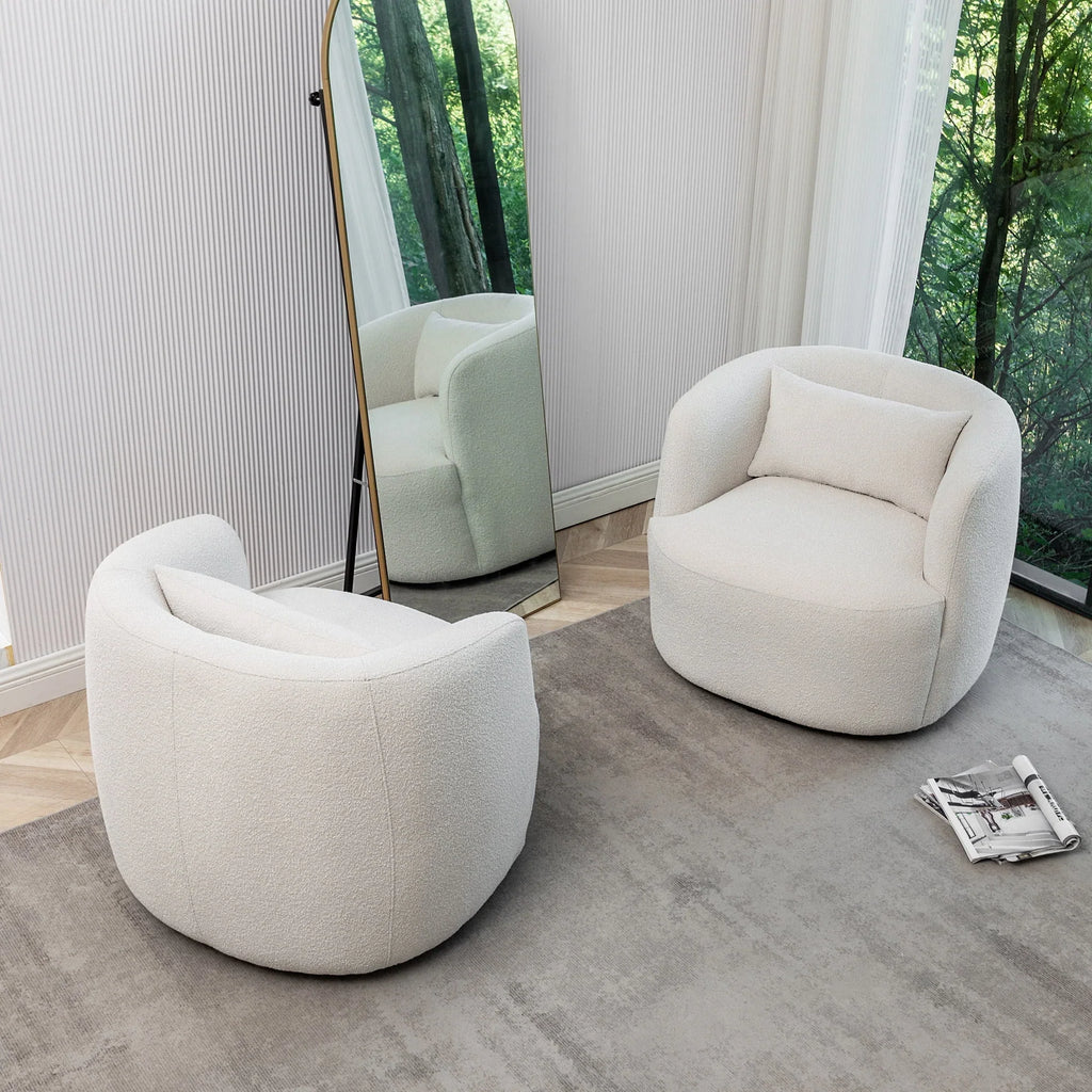 Nouveauté 2026 – Fauteuil pivotant rond 34" en bouclette de 86 cm de large, sans assemblage, avec coussin décoratif, idéal pour le salon et la chambre, couleur taupe