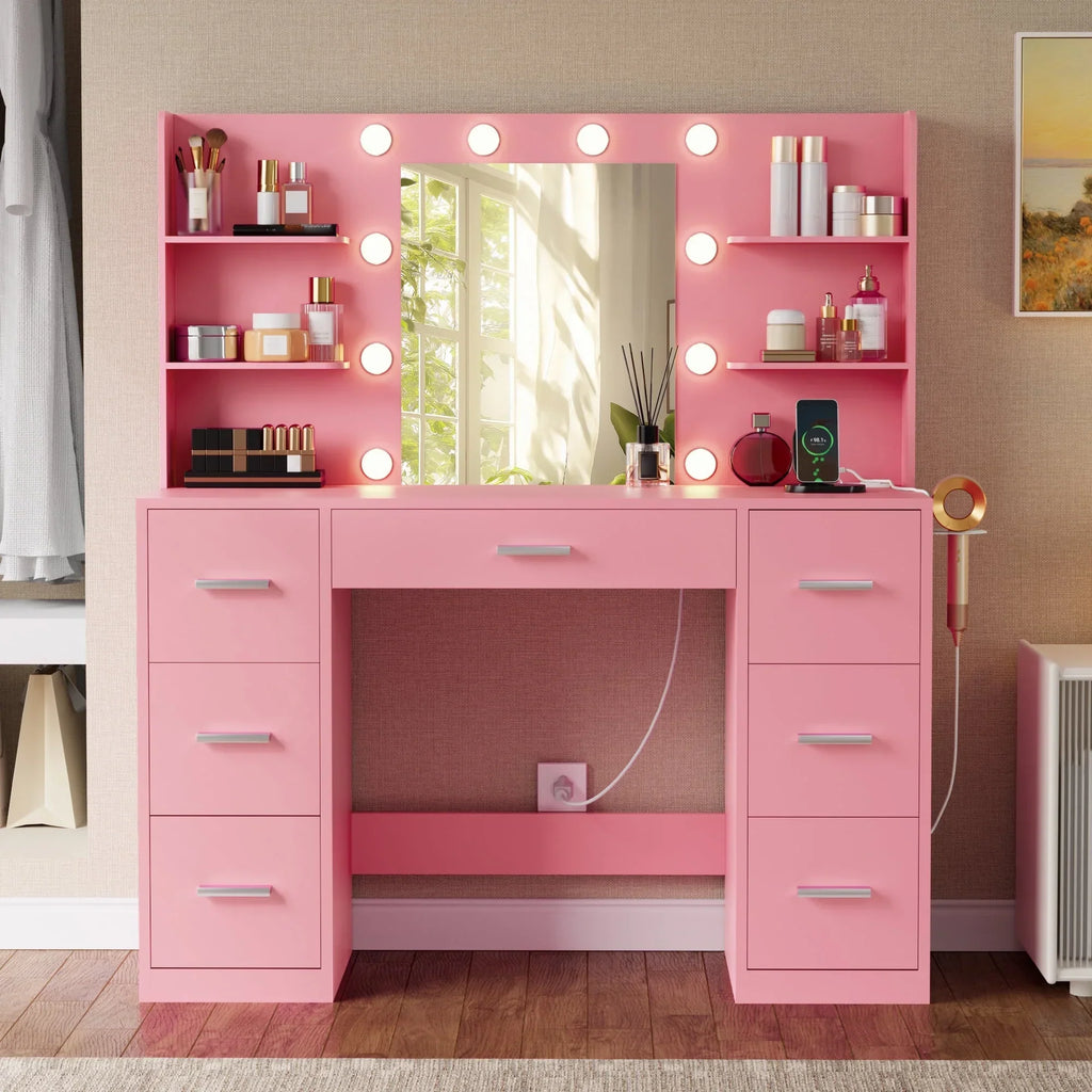 Nouveauté 2026 – Coiffeuse Lacoo avec miroir et éclairage LED, meuble de maquillage avec 7 tiroirs et 4 étagères, table de toilette avec prise électrique pour chambre ou dressing, blanche