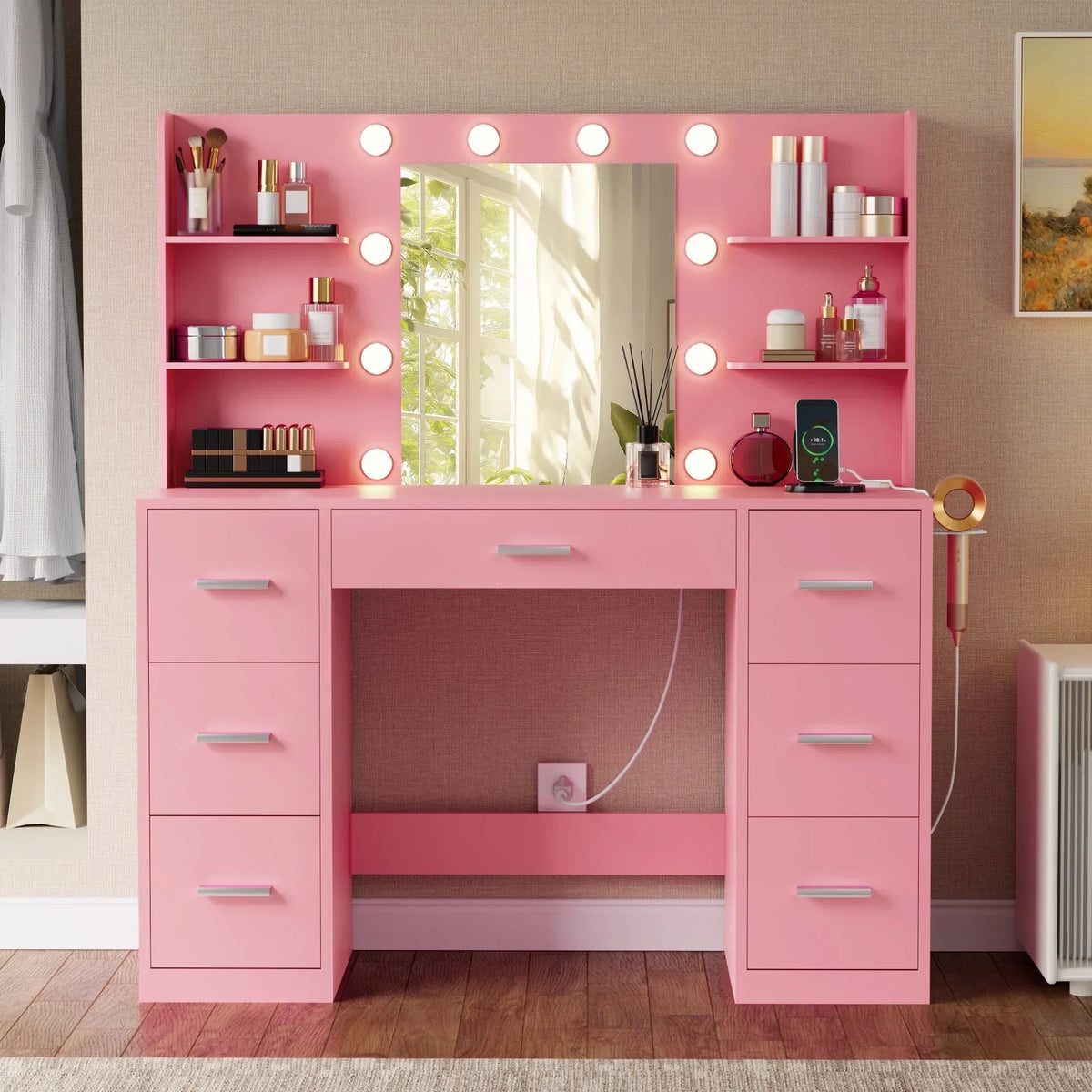 Nouveauté 2026 – Coiffeuse Lacoo avec miroir et éclairage LED, meuble de maquillage avec 7 tiroirs et 4 étagères, table de toilette avec prise électrique pour chambre ou dressing, blanche