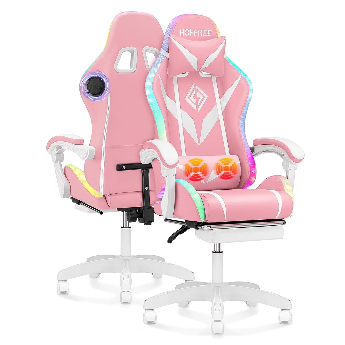 Nouveauté 2026 – Fauteuil de jeu Hoffree avec haut-parleurs intégrés, en cuir PU, repose-pieds et éclairage LED. Fauteuil ergonomique pour gamer avec massage, soutien lombaire et appui-tête pivotant et réglable. Idéal pour le télétravail et le bureau