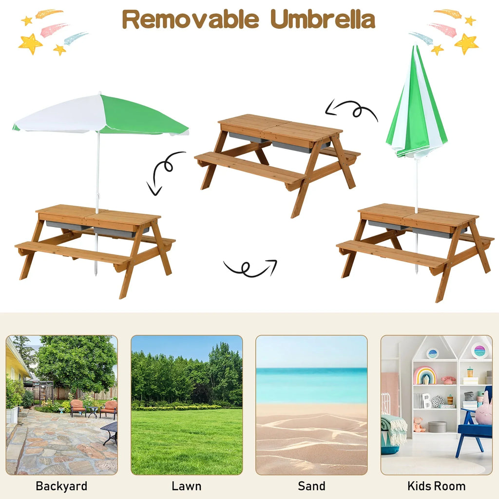 Nouveauté 2026 – Table de pique-nique 3 en 1 pour enfants Costway , en bois, avec bacs à sable et à eau, parasol et autres jeux, verte