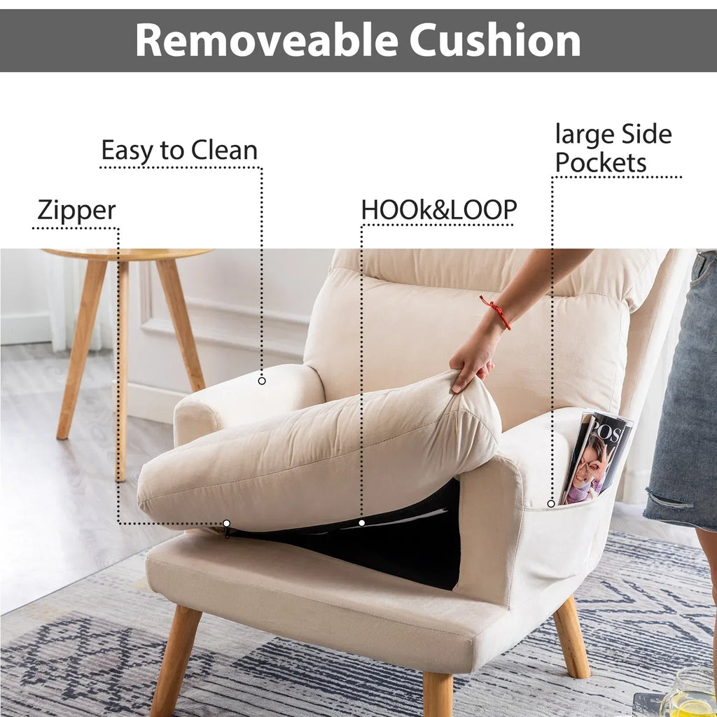 Nouveauté 2026 – Fauteuil d'appoint réglable Betier avec repose-pieds, fauteuil en velours pour chambre ou salon, fauteuil lounge confortable avec dossier rembourré et poche latérale, fauteuil de lecture moelleux, beige