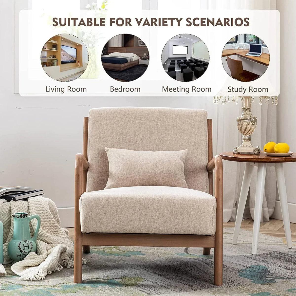 Nouveauté 2026 – Fauteuil d'appoint Bonzy Home style moderne milieu de siècle , fauteuil de lecture/détente en tissu avec structure en bois massif, montage facile, beige