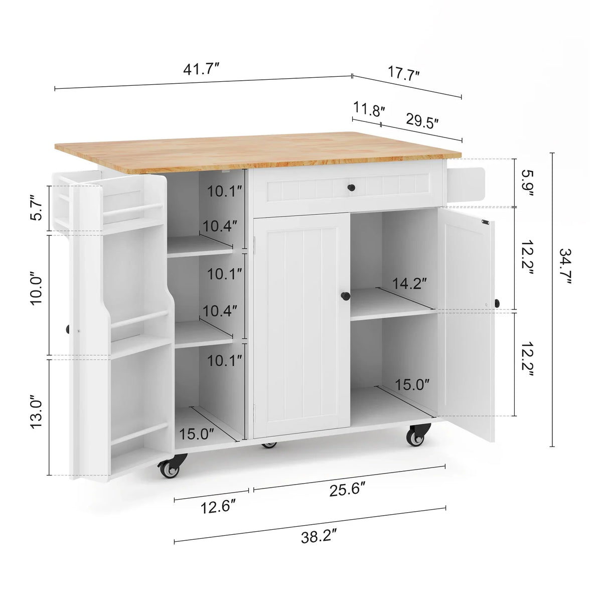Nouveauté 2026 – Îlot de cuisine Noelse avec rangements, table d'appoint rabattable, porte-épices et porte-serviettes pour petites cuisines, blanc