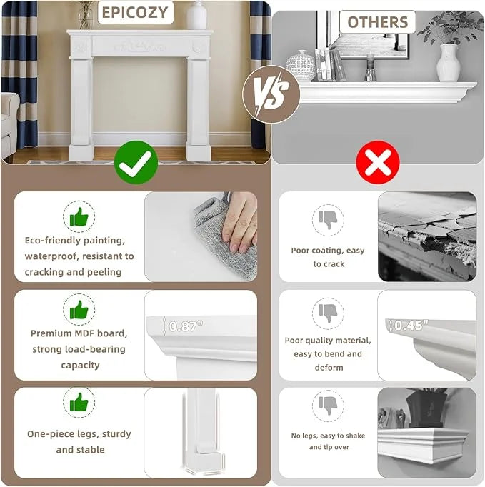 Nouveauté 2026 – Manteau de cheminée EPICOZY 44,5" , sur pied, pour cheminées électriques, en MDF avec étagère, motif décoratif, anti-basculement et imperméable