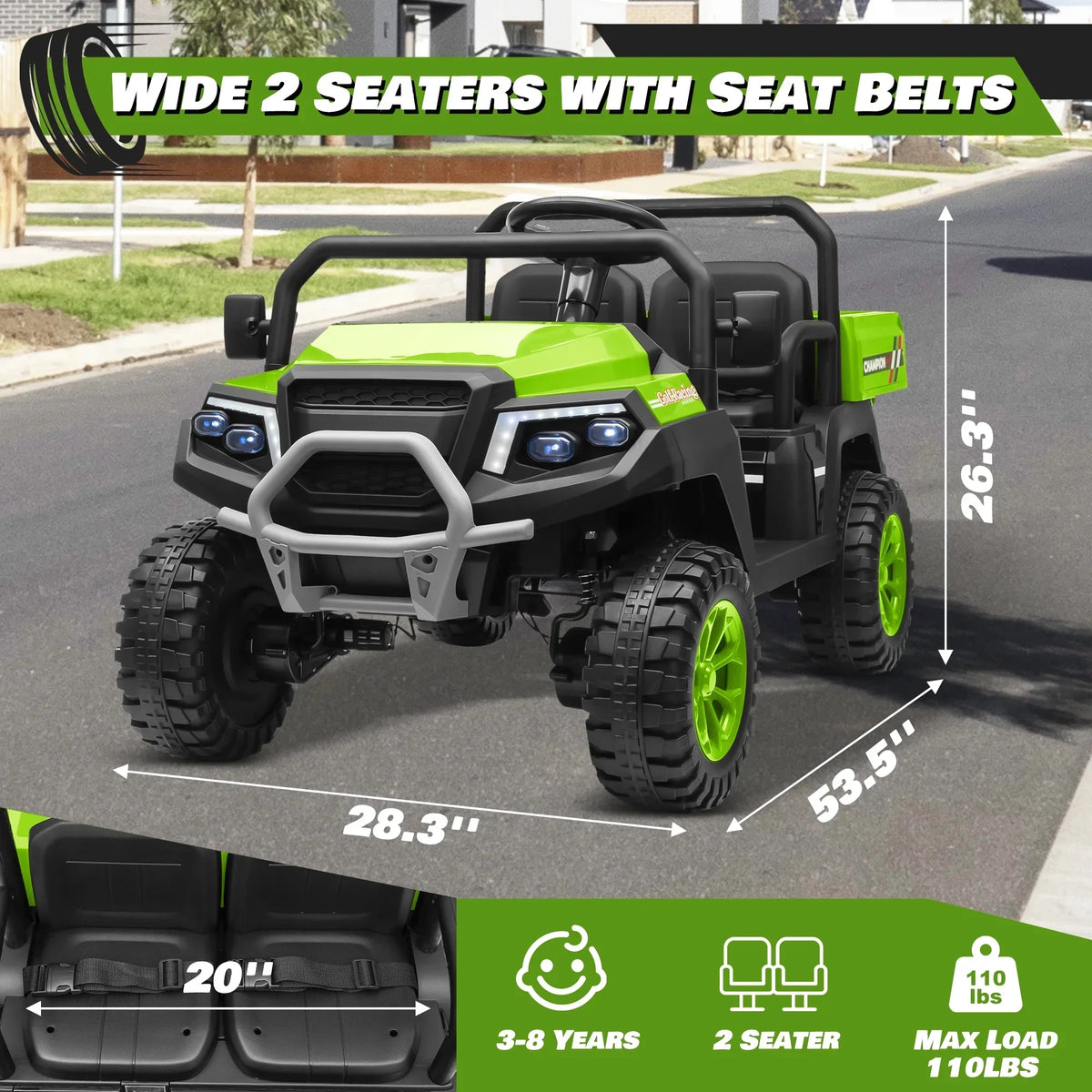Nouveauté 2026 – Joyracer , véhicule tout-terrain électrique (UTV) 24 volts pour enfants, 2 places, avec télécommande. Voiturette de golf électrique avec 4 moteurs de 200 W, remorque inclinable et pelle, suspension à ressorts sur les 4 roues, musique