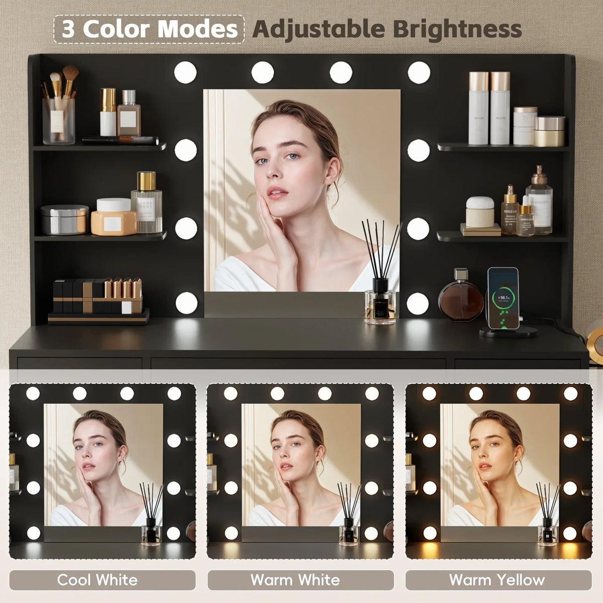 Nouveauté 2026 – Coiffeuse Lacoo avec miroir et éclairage LED, meuble de maquillage avec 7 tiroirs et 4 étagères, table de toilette avec prise électrique pour chambre ou dressing, blanche