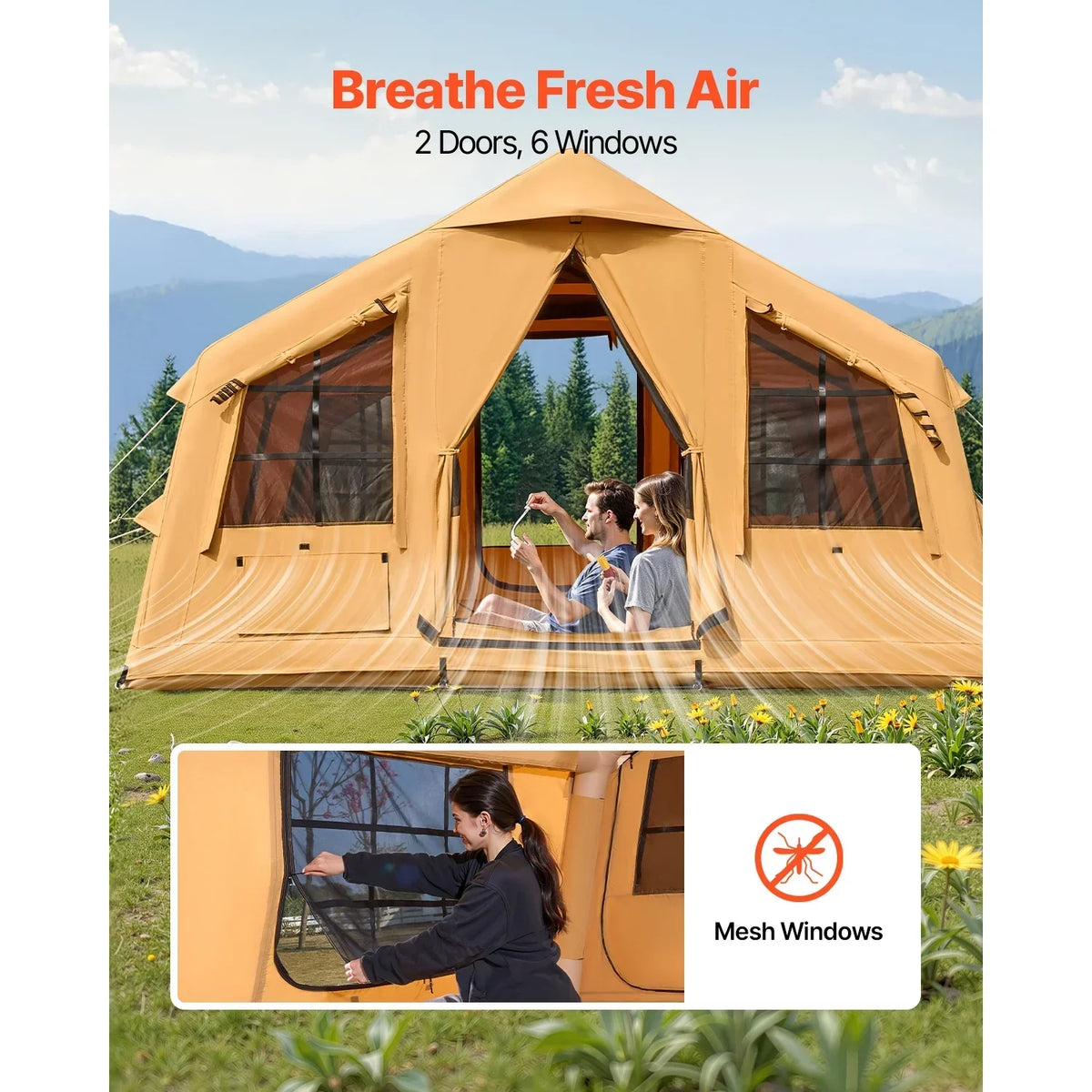 Nouveauté 2026 – Tente gonflable KFFKFF pour 8 à 12 personnes, 4,80 m x 3,60 m x 2,20 m, tente de glamping gonflable avec pompe manuelle, tente gonflable étanche, abri de camping toutes saisons avec double toit ouvrant et sortie pour poêle