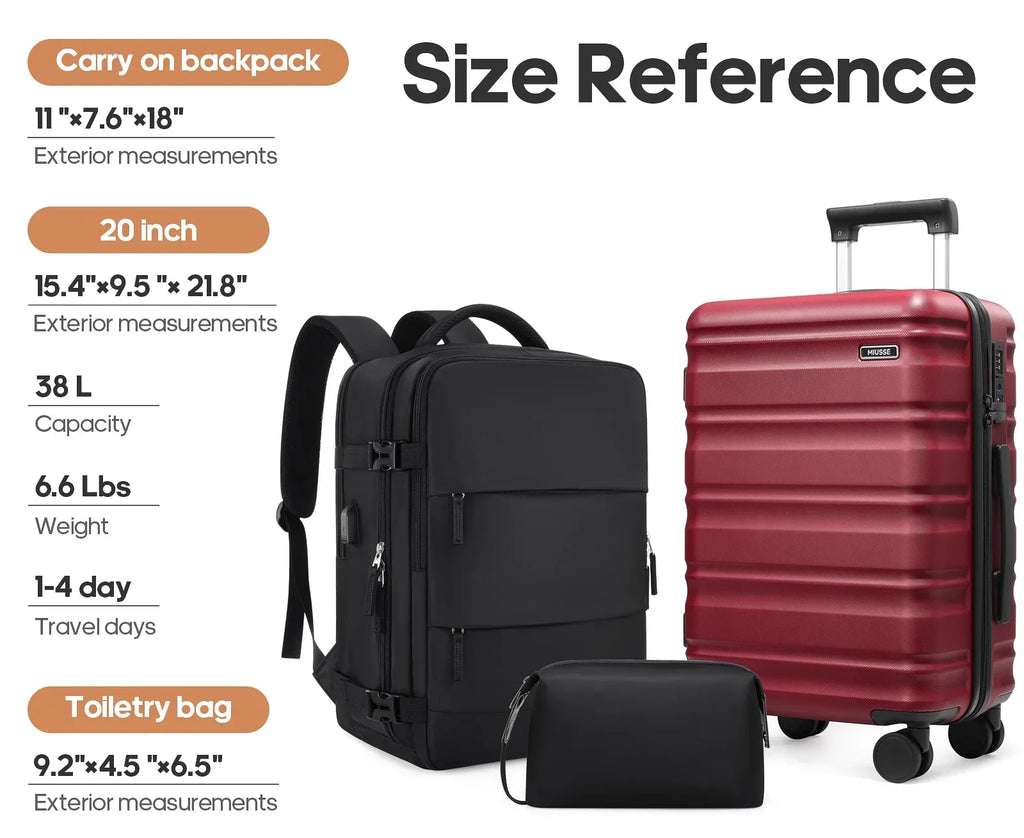 Nouveauté 2026 – Ensemble de bagages MIUSSE , 3 pièces : valise cabine 20 pouces à roulettes, coque rigide 100 % PC avec serrure TSA, conforme aux normes des compagnies aériennes, avec sac à dos de voyage pour hommes et femmes